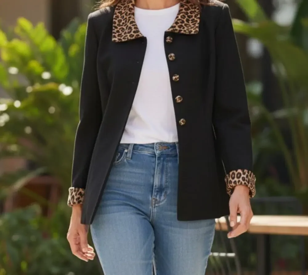 Especially Yours Women's Black Jacket Size 12 Leopard Print Collar Cuffs Button
